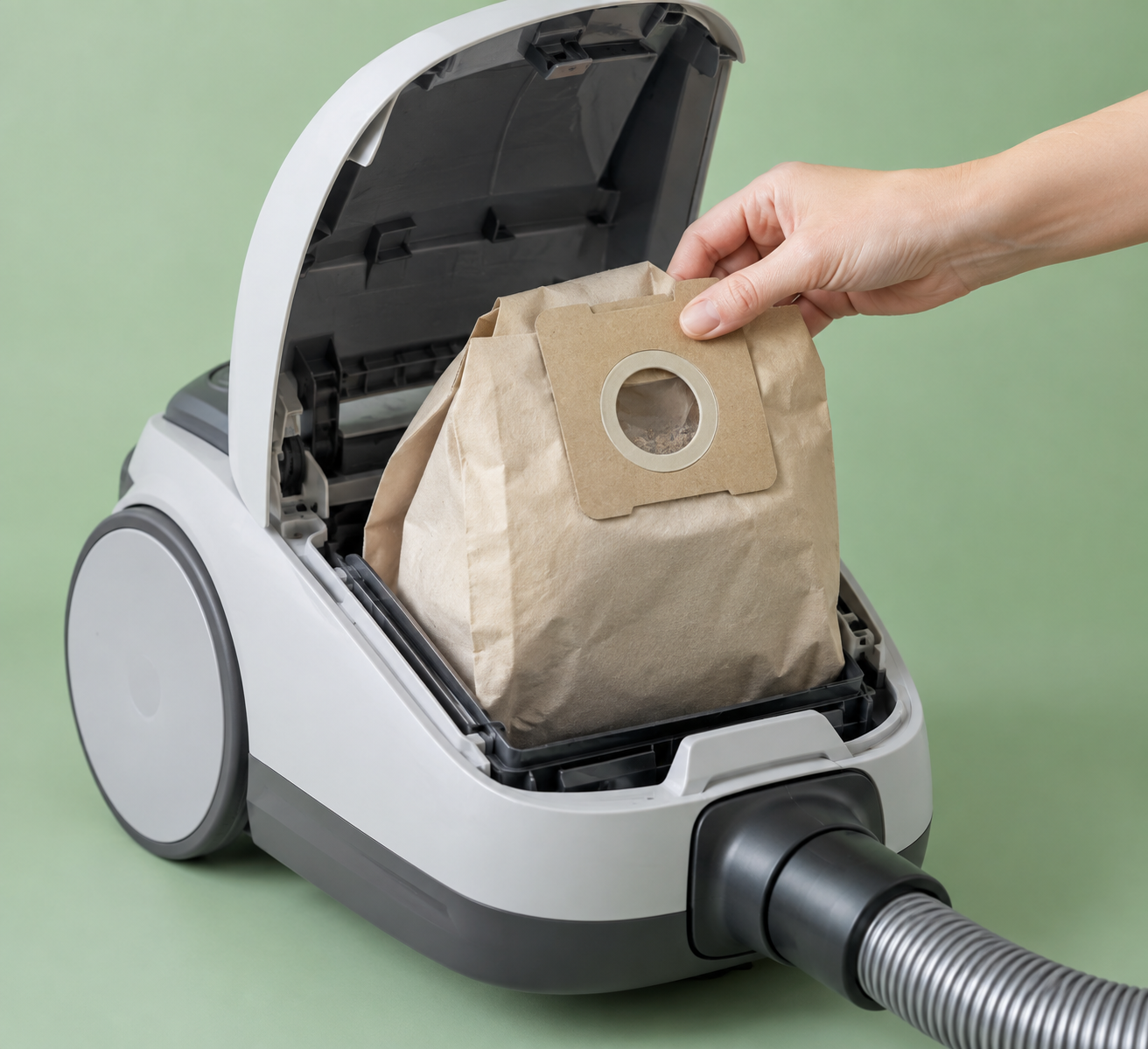 A vacuum cleaner dust bag being removed from a canister vacuum for replacement